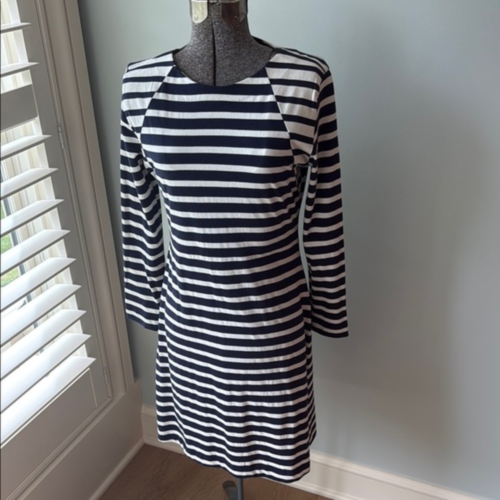 J Crew 365 Elegant Blue and White Long Sleeve Dress
